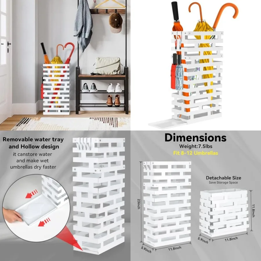 

23 Inch Umbrella Holder for Indoor Entryway, Large Metal Umbrella Stand with Removable Water Tray and Hooks, Umbrella Rack Stor