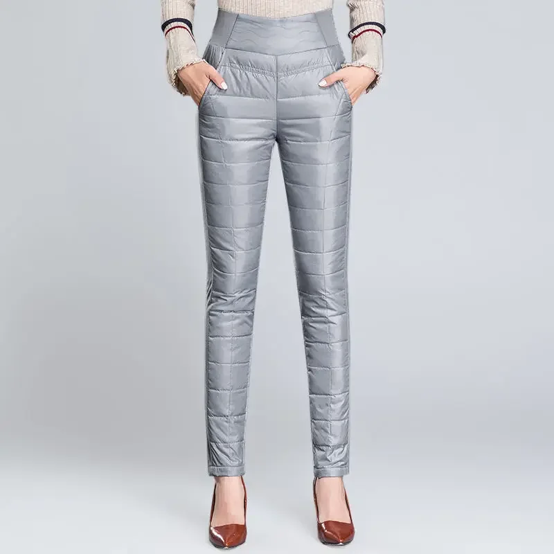 

High Waist Elastic Warm Winter Pants Oversize 4Xl Skinny Down Pants Women Snow Mother Wine Red Outdoor Pencil Sweatpants