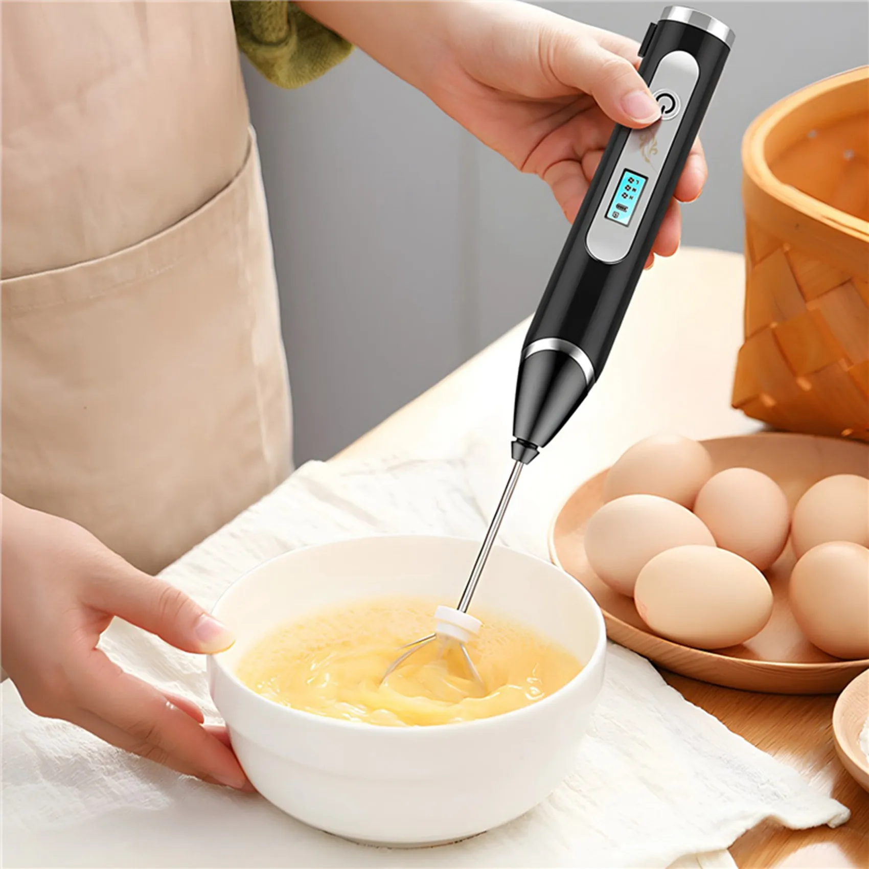 Milk Frother, USB Rechargeable LCD Hand Mixer with 3 Stainless Steel Whisk, 3 Speeds Handheld Frother Whisk, Electric