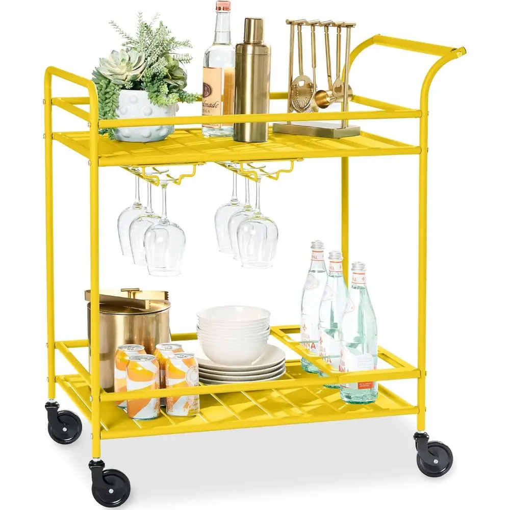 

Portable Outdoor Patio Bar Cart with 2-Tier Storage, Wine Rack, and Lockable Wheels - Yellow