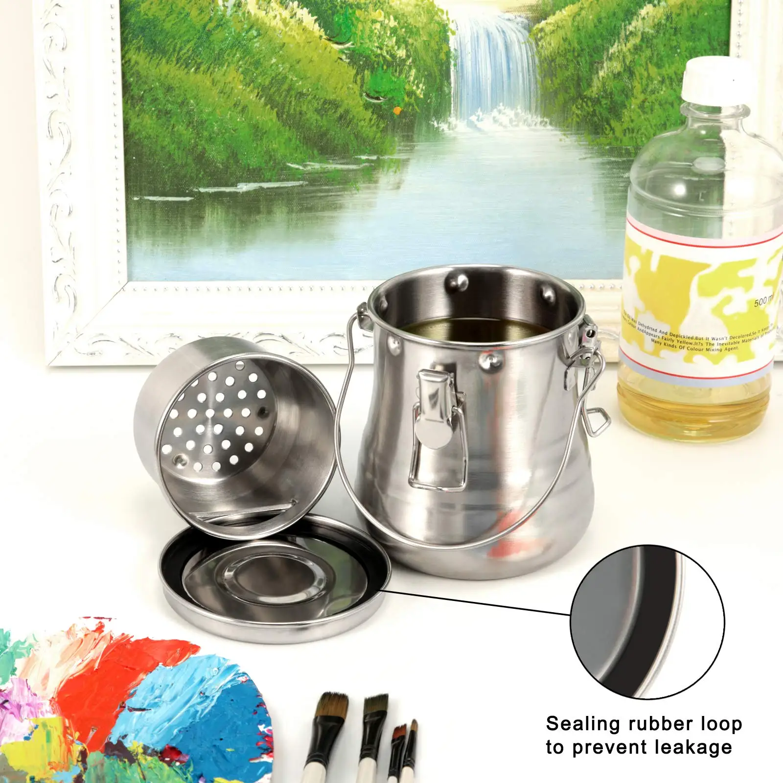 غسالة فرشاة الرسم الزيتي، وعاء زيت من الفولاذ المقاوم للصدأ مع فلتر مسامي قابل للإزالة، منظف فرشاة طلاء من الفولاذ المقاوم للصدأ