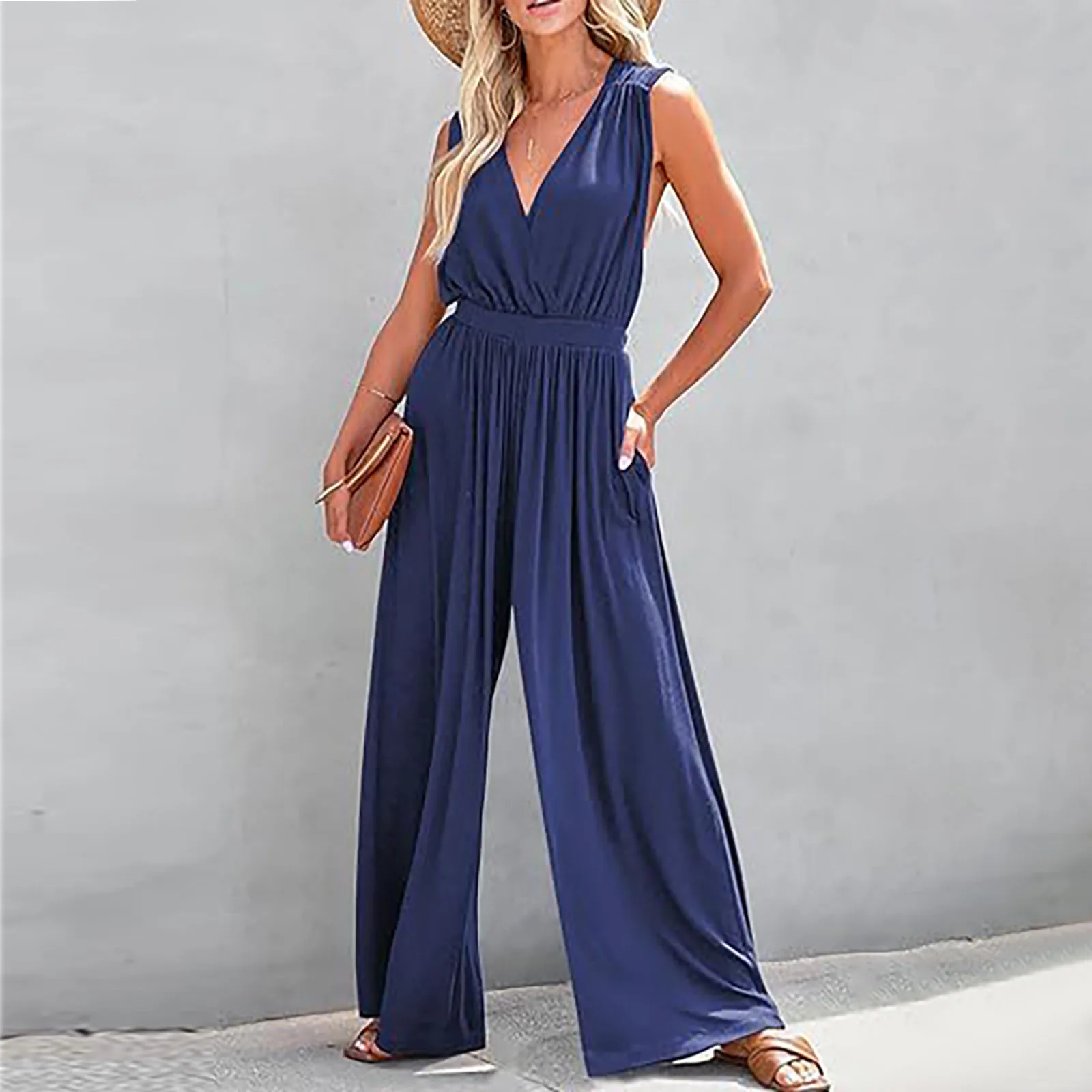 New High Waist Backless Pleated Office Romper Women Casual Solid Color V Neck Jumpsuit Sexy Sleeveless Simple Tank Straight Pant