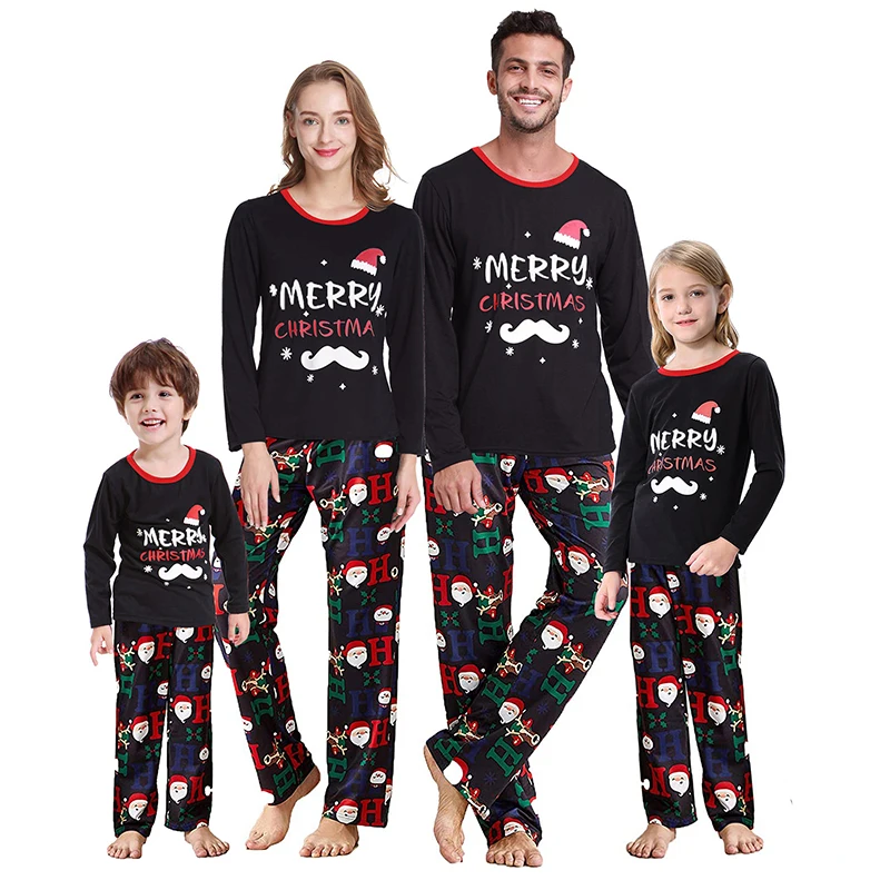 Matching Family Christmas Pajamas Festive Cartoon Print Tops with Long Sleeves and Cozy Elastic Waist Pants