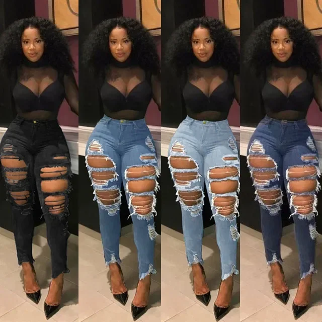 

Джинсы с дырками, женские джинсовые брюки-карандаш, уличная одежда, потертые узкие эластичные брюки с высокой талией, рваные рваные брюки до щиколотки