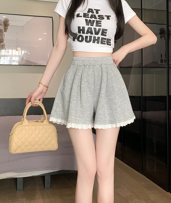 

2024 Summer New Shorts Women's Casual Pants Korean Edition Versatile Solid Color Lace Edge Elastic Waist Girl Style
