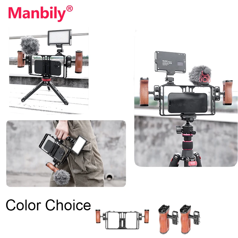 Manbily Universal Aluminum Alloy Rabbit Cage Wooden Handle Set Handheld Grip Filming Video Stabilizer Case Mount for Smartphone