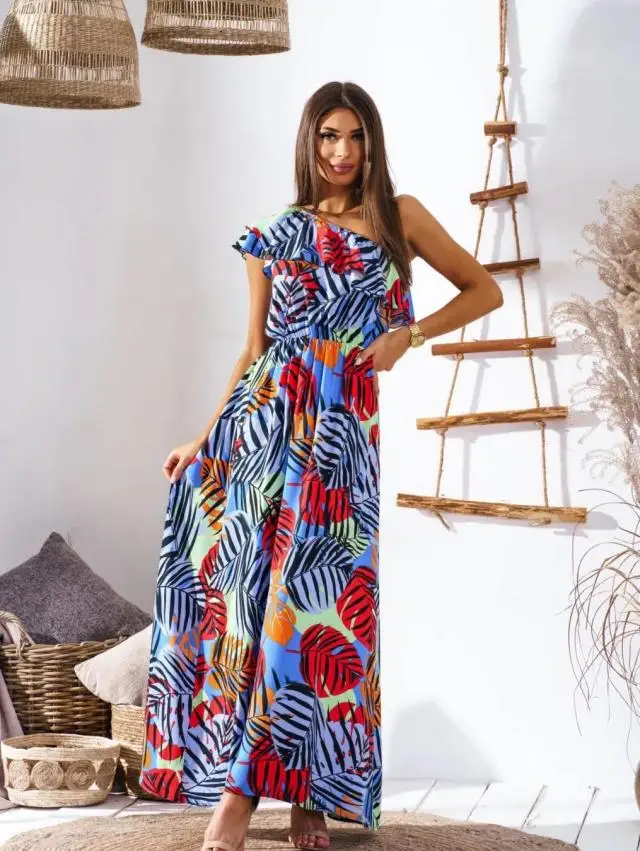 Maxi abito allentato da donna primavera estate con spalle scoperte tunica senza maniche abito Slim elasticizzato con stampa floreale abito lungo Boho da festa