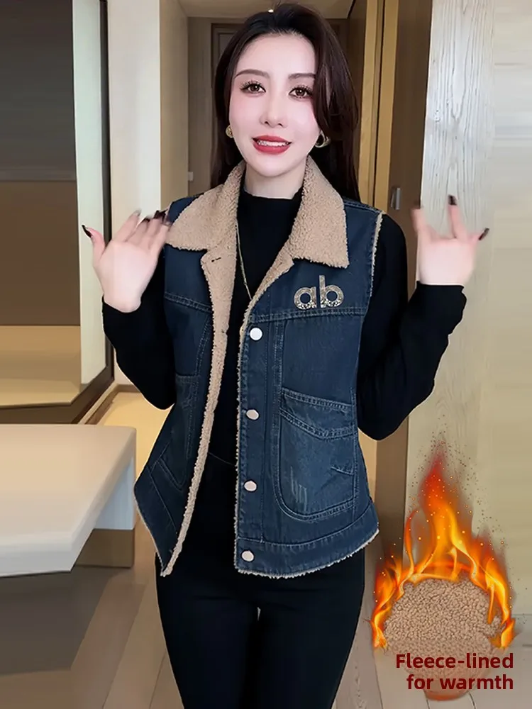 เสื้อกั๊กยีนส์แฟชั่นสำหรับผู้หญิง รุ่นใหม่ ฤดูหนาว 2026 ดีไซน์ต่อผ้า สไตล์ลำลอง กระดุมเดี่ยว