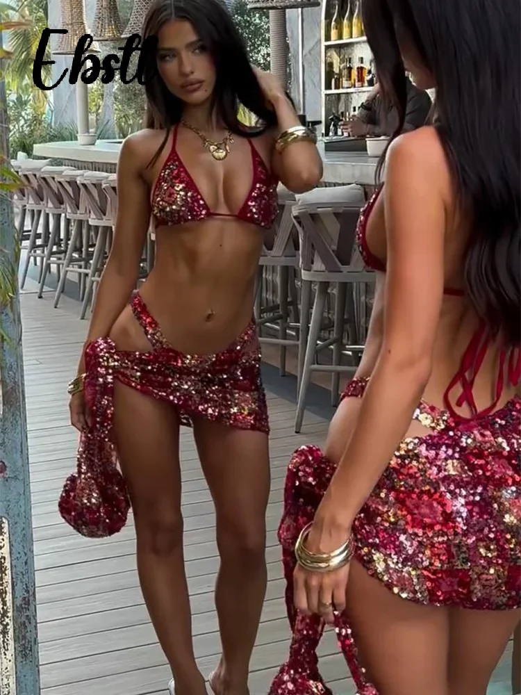 Shiny Sequins ชุดบิกินี่ผู้หญิงเซ็กซี่ Halter Lace-up Backless บิกินี่กระโปรงมินิเซ็กซี่ 2025 ใหม่ชายหาดหญิงชุด