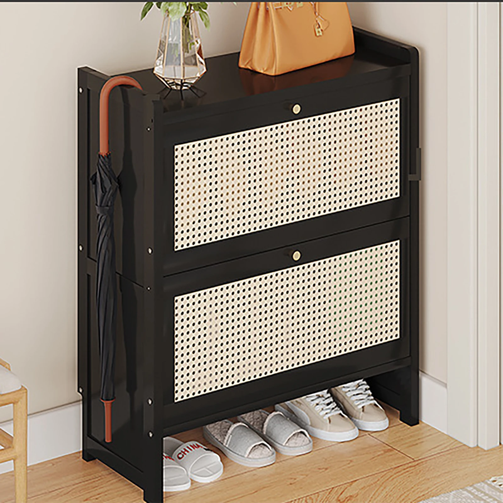 

Rattan Shoe Cabinet, Free Standing Shoe Storage Rack, Shoe Cabinet with Flip Drawers, for Entryway, Living Room, Corridor, Black