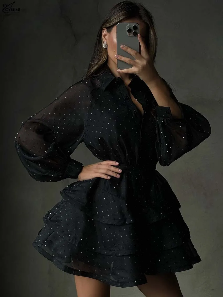 

Oymimi Fashion Black Rhinestone Women's Dress Casual Lapel Long Sleeve Button Dresses Elegant New Lace-Up Pleated Mini Dresses