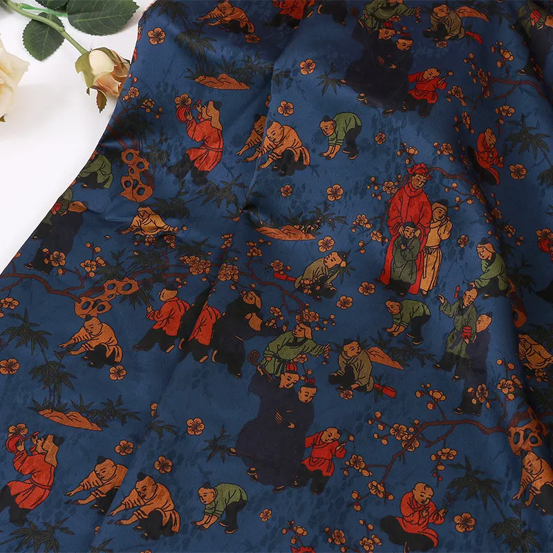 

1meter Jacquard Printed Plum Blossom Children Playing Pattern Lightweight Breathable Spring Summer Qipao Hanfu DIY Sewing