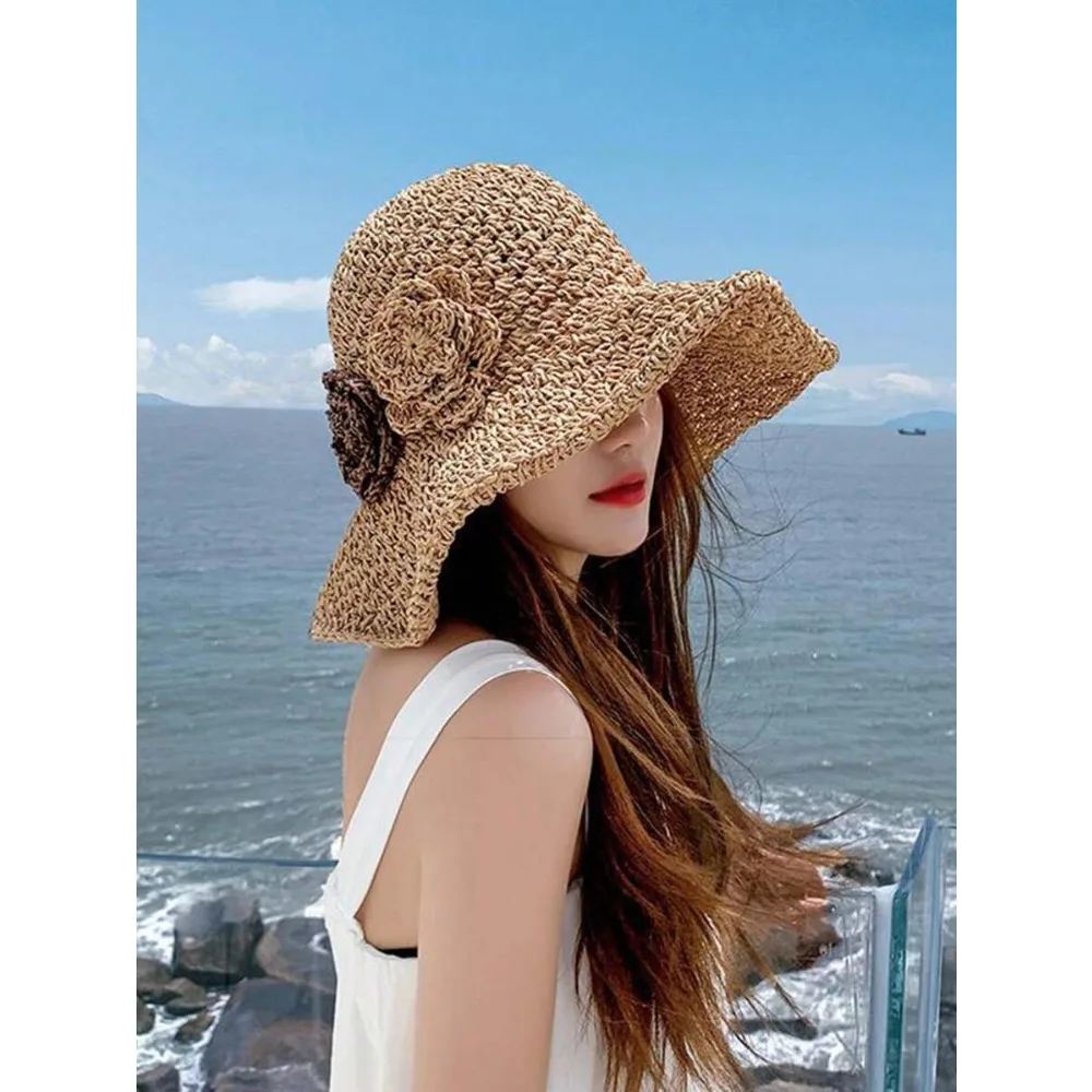 

1pc Women's Fashion Straw Hat, Outdoor Travel Essential Gift, Suitable For Daily Life, Foldable, Floral, Wide Brim, Beach, Vacation, Sun Protection Hat