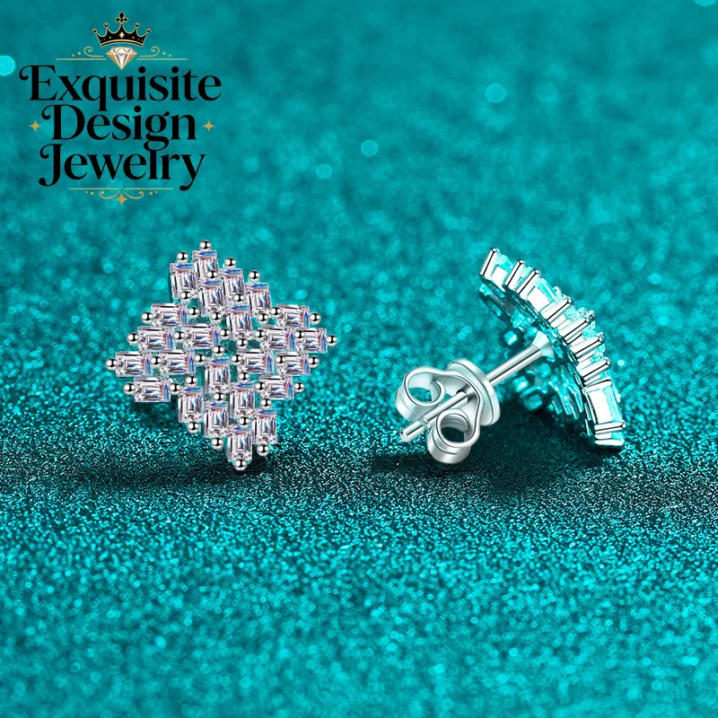 Exquisite Platinum PT950 1.76-carat All-Mossanite Earrings Geometric Rectangular Beveled Diamond-Set Earrings Jewelry Gifts