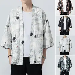 Men Shirt Bird Print Three-quarter Sleeve Men Kimono Japanese Style Samurai Costume Yukata Asian Clothes Men Clothes For Daily