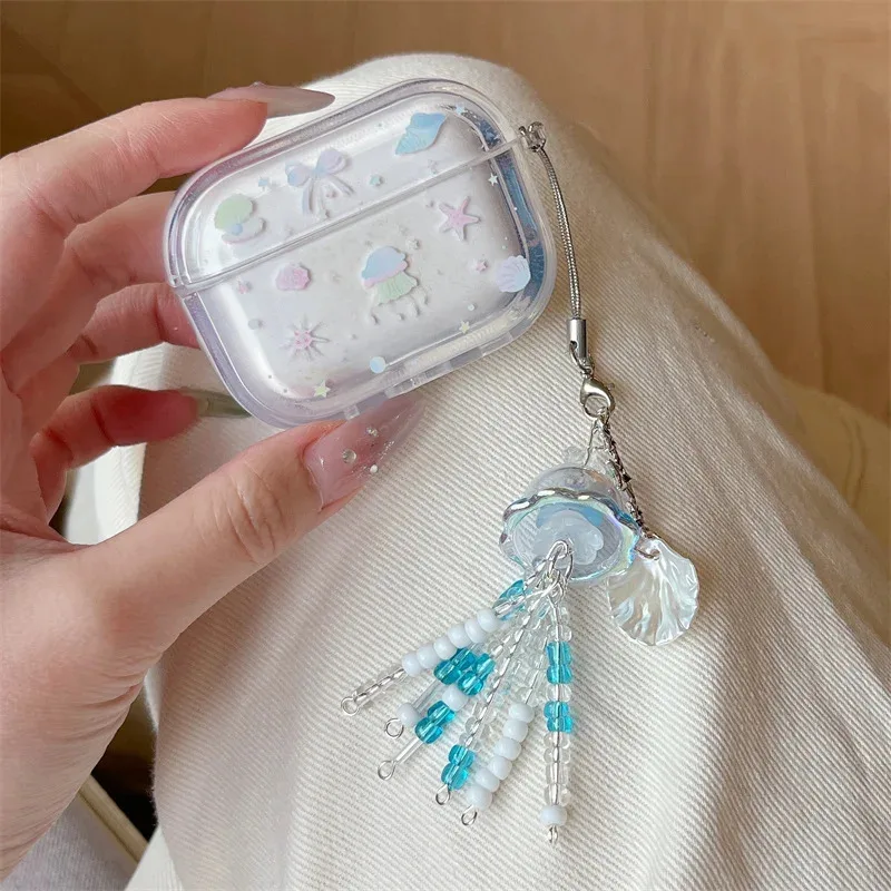 

Transparent colored jellyfish earphone protective case with starfish jellyfish bead decoration for Airpods 2 3 4 pro/pro2