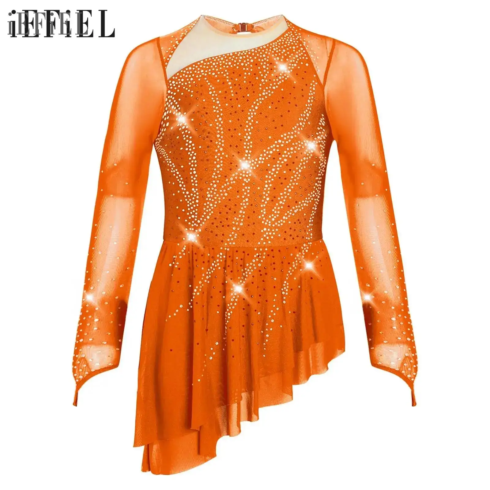 

Детское балетное платье для лирических танцев для девочек, прозрачная сетчатая одежда с длинными рукавами и вырезом сзади, стразы, танцевальная одежда для фигурного катания, сценическое выступление