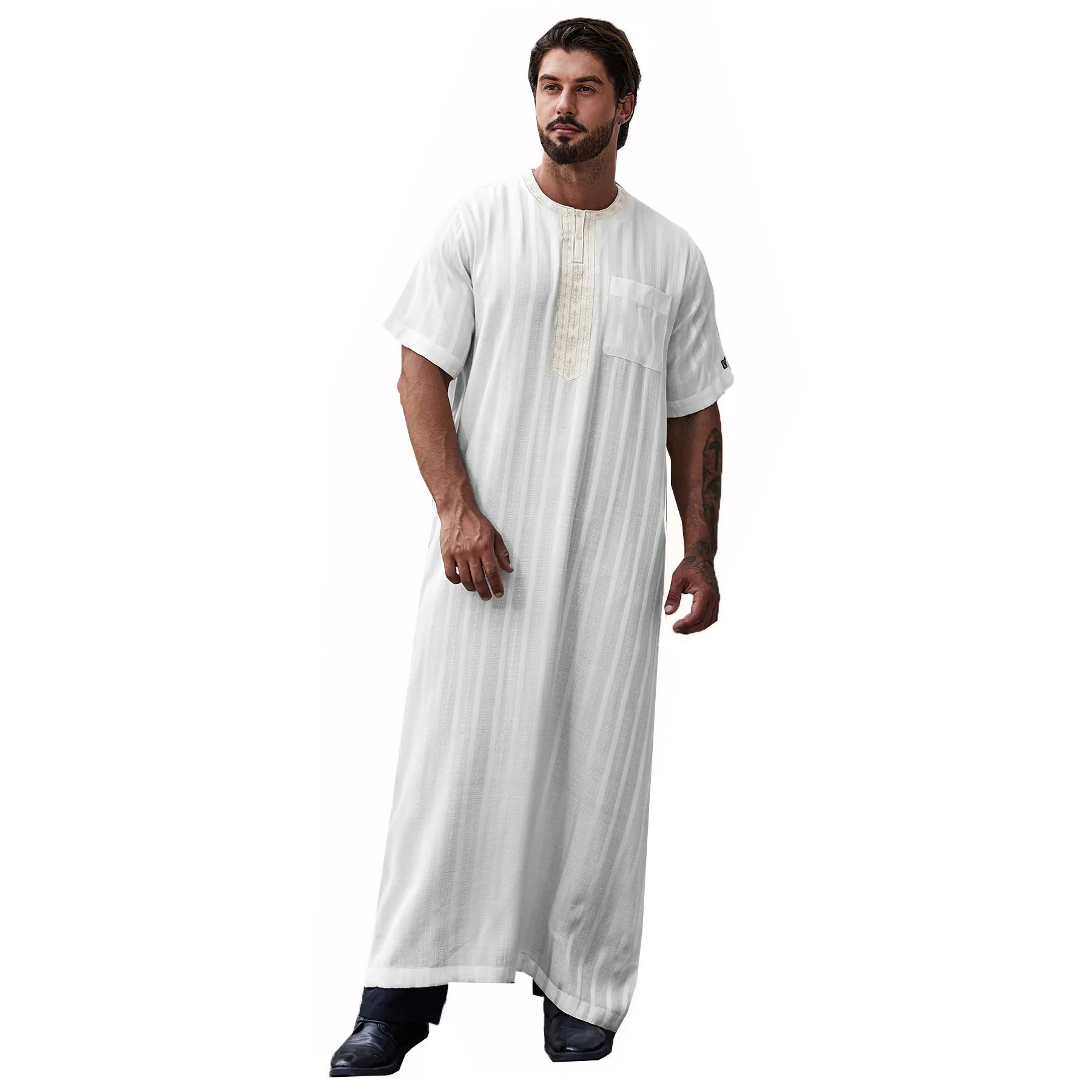 Muslim Fashion Men Long Robes Short Sleeve Man Vintage Solid Muslim Kaftan Long Shirts Casual Thobe for Men Muslim Men Clothing