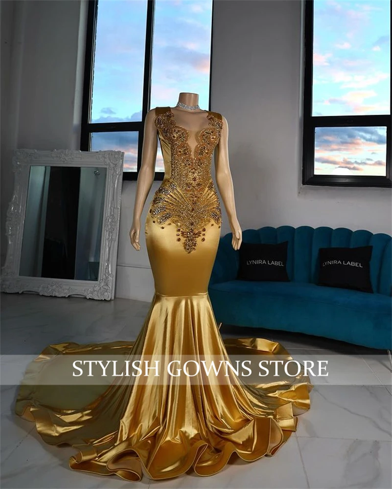 Gold Sheer O-Neck Long Prom Dress para meninas negras, strass cristal frisado, vestidos de festa de aniversário, vestidos de noite sereia