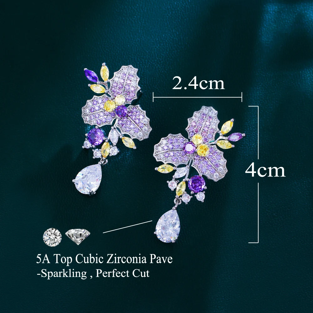 CWWZircons Chic Purple Cubic Zircon Pretty Long Big Flower Leaf Drop Dangle Earrings for Women Engagement Bridal Wedding CZ760