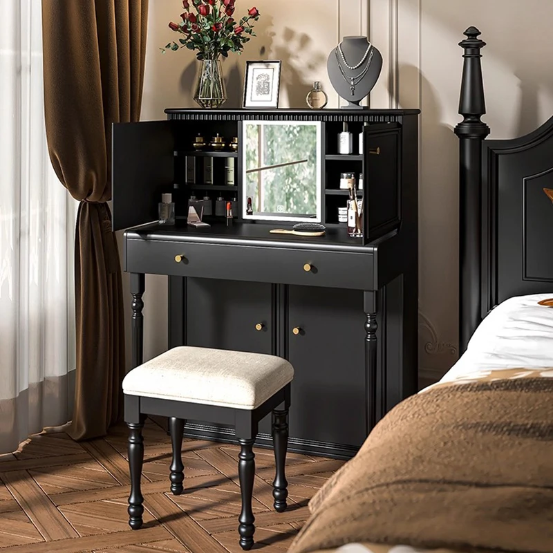 

Black Cosmetics Vanity Table Vintage Wood Bedroom Makeup Mirror Dressing Table Chair Modern Mesa De Maquillaje Home Furniture