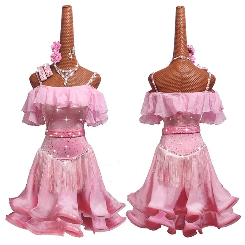 فستان رقص لاتيني صيفي بحجر الراين اللامع للسيدات، تنورة سالسا هامشية مثيرة، ملابس مسائية لقاعة الرقص