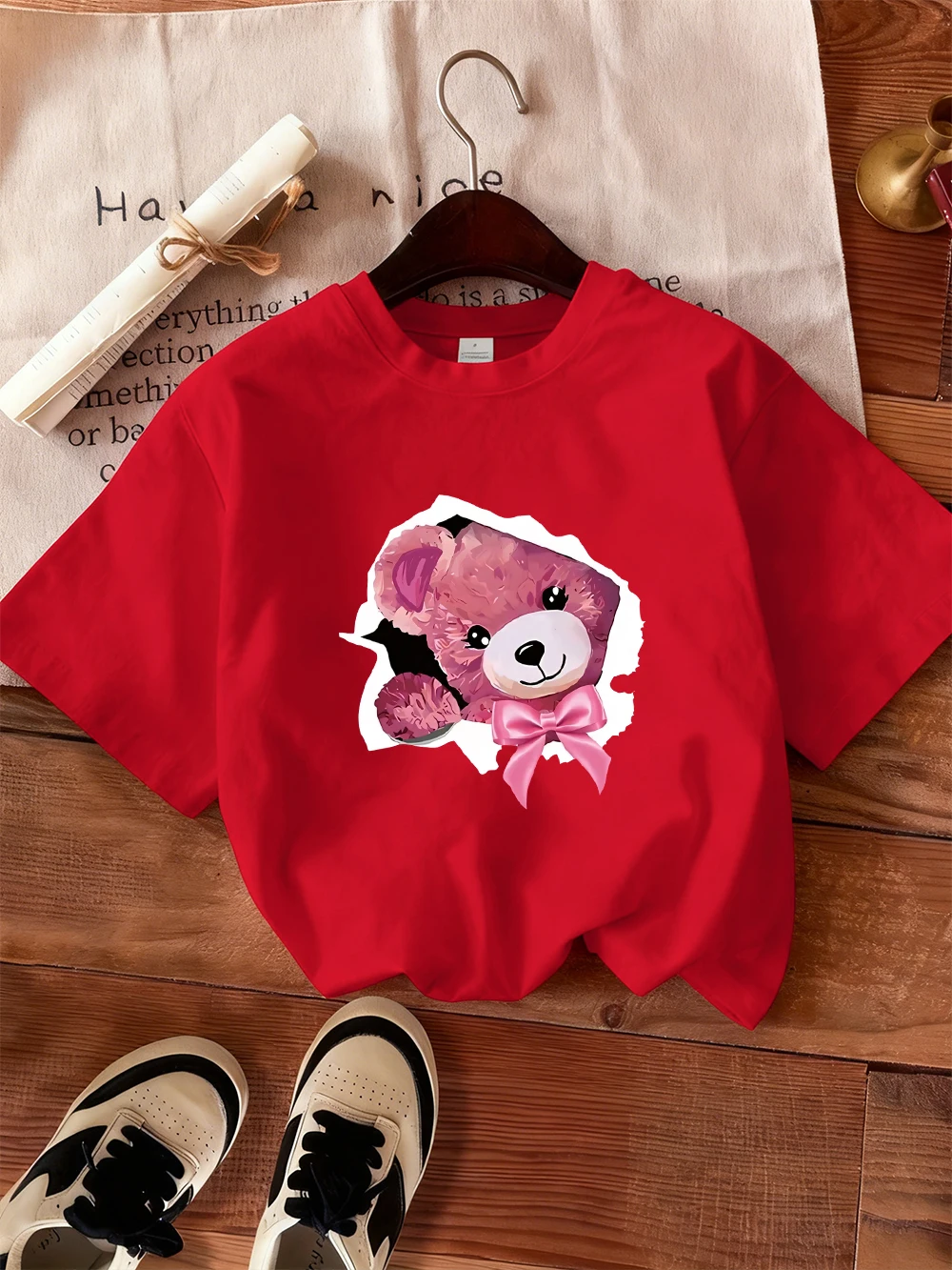 

Розовая футболка с принтом медведя в обломках ракушки, женская летняя базовая футболка с коротким рукавом, мягкая свободная футболка, повседневная женская одежда с круглым вырезом