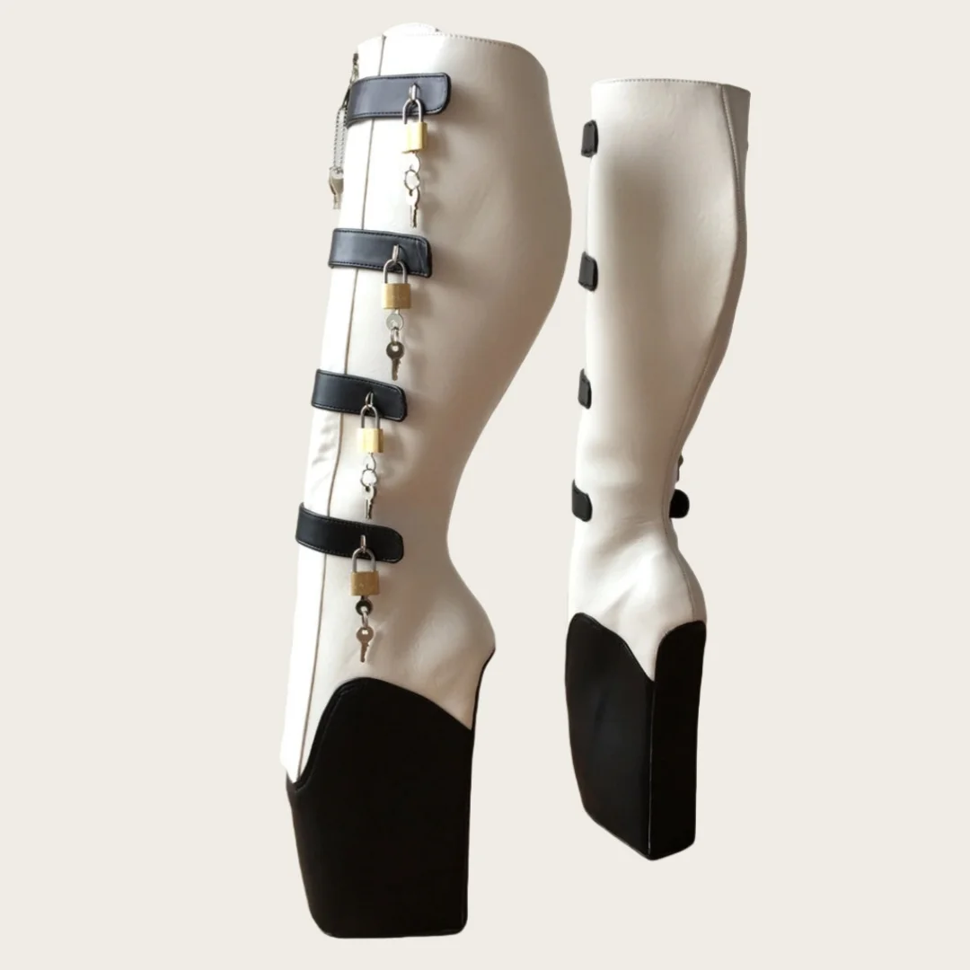 Women's White Black Faux Leather Platform Ballet Heel Boots Buckle Lock Detail Knee-High Design Bold Style for Costume Outfits