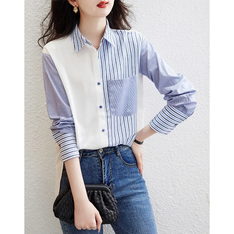 Sense of Design Stripe Fashion Temperament Commute Capable Tall and Straight Women's Long Sleeved Shirt Spring Autumn New 2024