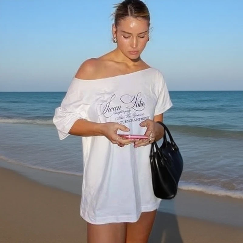 

Letter Print Graphic T Shirts White Oversized One Shoulder Tops Womens Summer Fashion Clothing Trends 2025 Sexy White Tee