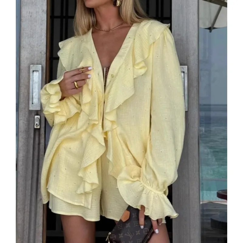 

Design Sense Ruffle Edge Fashion Casual Suit 2026 Spring and Summer New Lace-up Cardigan Top Shorts Women's Clothing