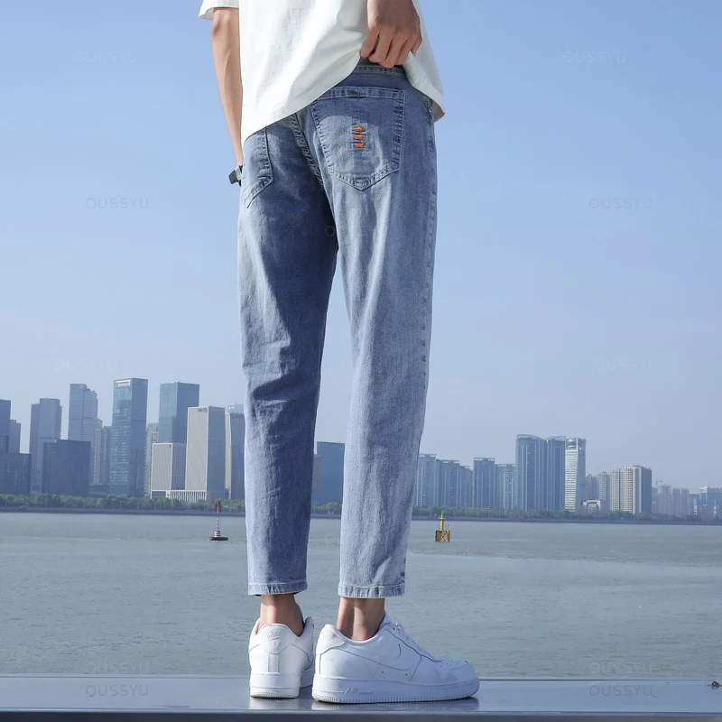 2024 New Men\'s Stretch Ankle Length Jeans Light blue Fashion Casual Cotton Slim Fit Denim Pants Korean Trousers Male Brand Cloth