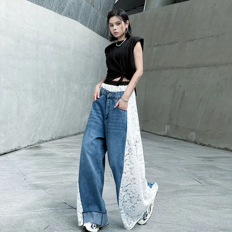 

Women Jeans Denim Trousers Lace Spliced Wide Leg Pants Full Lenth High Waist Zipper Loose Fit Y2k Streetwear Casual 2025 Summer