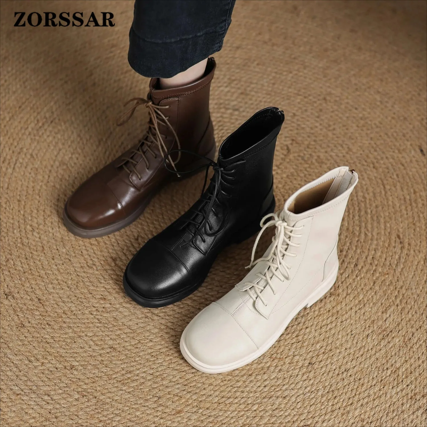 Plus Size 34-42 Cow Leather Round Toe Med Heels Zipper Motorcycle Boots Warm Winter Shoes Brand Concise Casual Solid Ankle Boots