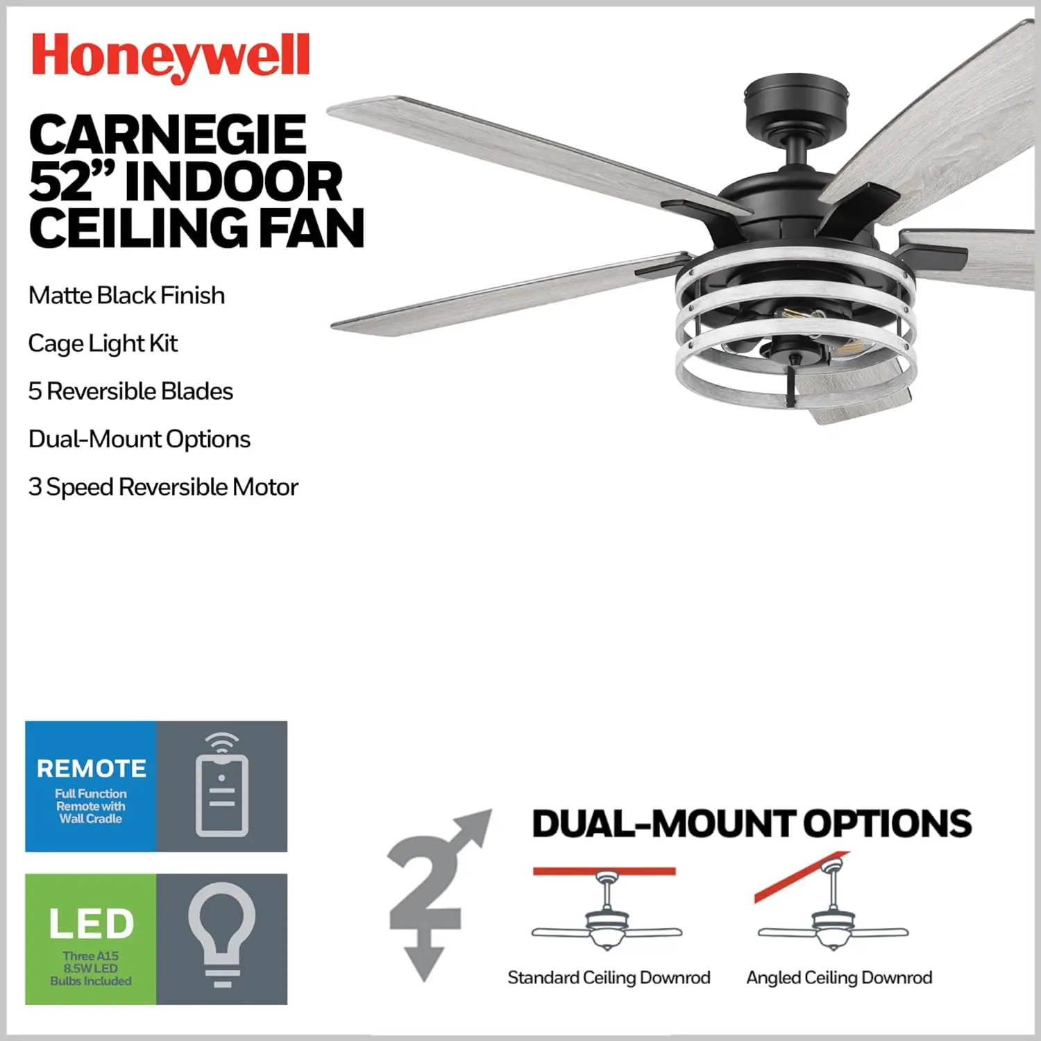 Honeywell Ceiling Fans Carnegie,52 Inch Industrial Style Indoor LED Ceiling Fan with Light, Remote Control, Dual Mounting Option