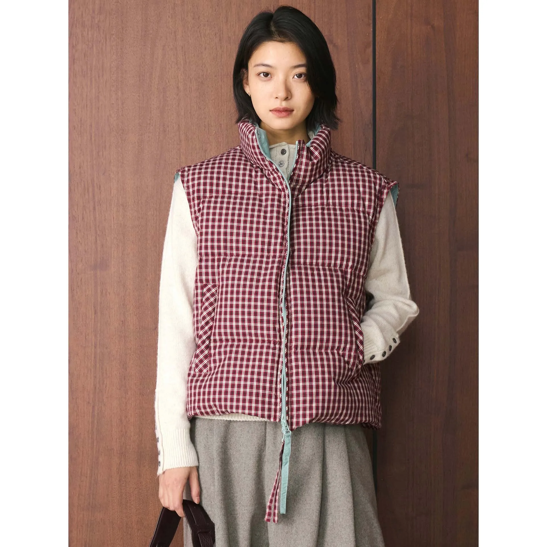 

Зимний жилет в красную клетку в стиле ретро с цветными блоками и двойной молнией, теплый топ для женщин