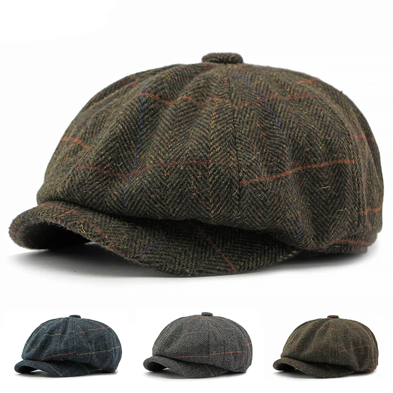 British Newsboy Caps Men Retro Octagonal Hat Women Autumn Winter Detective Cabbie Beret Hat Herringbone Tweed Driver Flat Cap