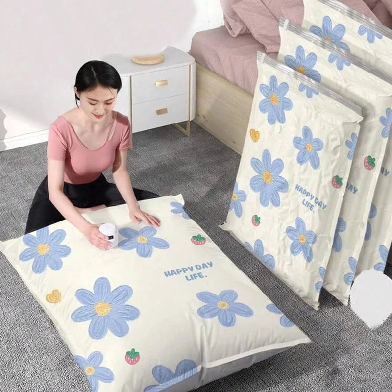 2 Stück staubdichte Vakuum-Kompressions-Aufbewahrungstasche mit Blumen-Design, platzsparender Organizer für Kleidung, Decken, Kleiderschrank, Schlafzimmer, Reisen