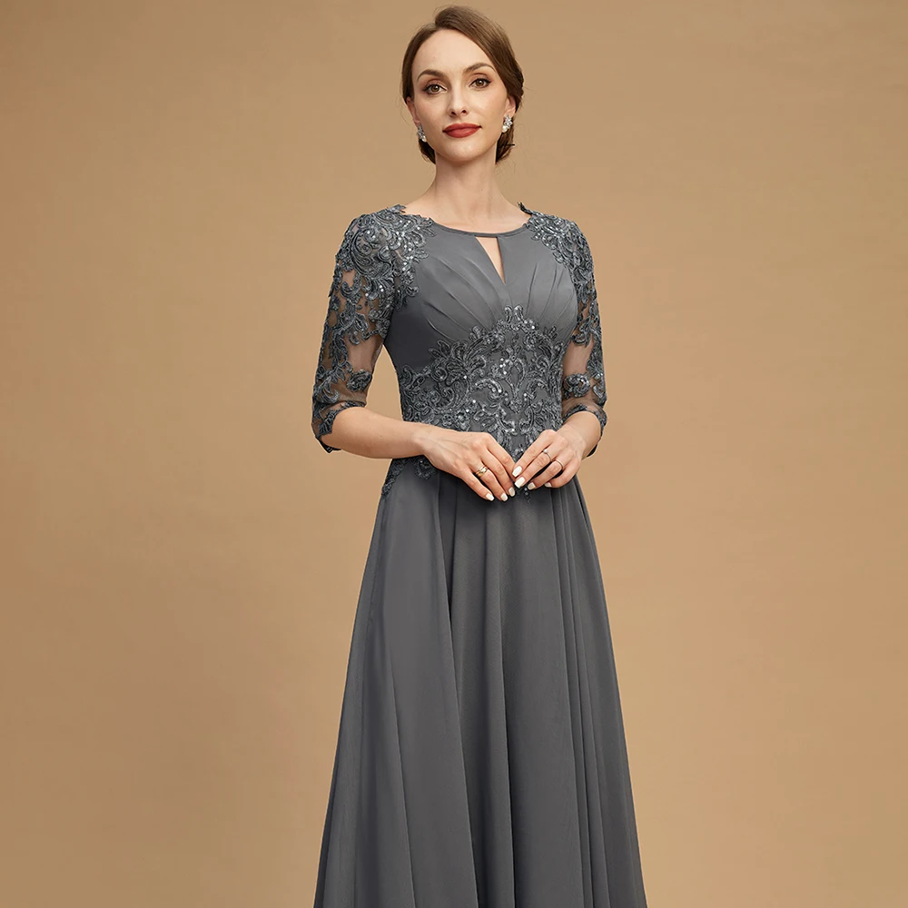 Einfache A-Line Mutter Der Braut Kleid Oansatz Halbe Hülse Spitze Appliques Pailletten Knöchel-Länge Abendkleid Grau Chiffon MOM Kleid