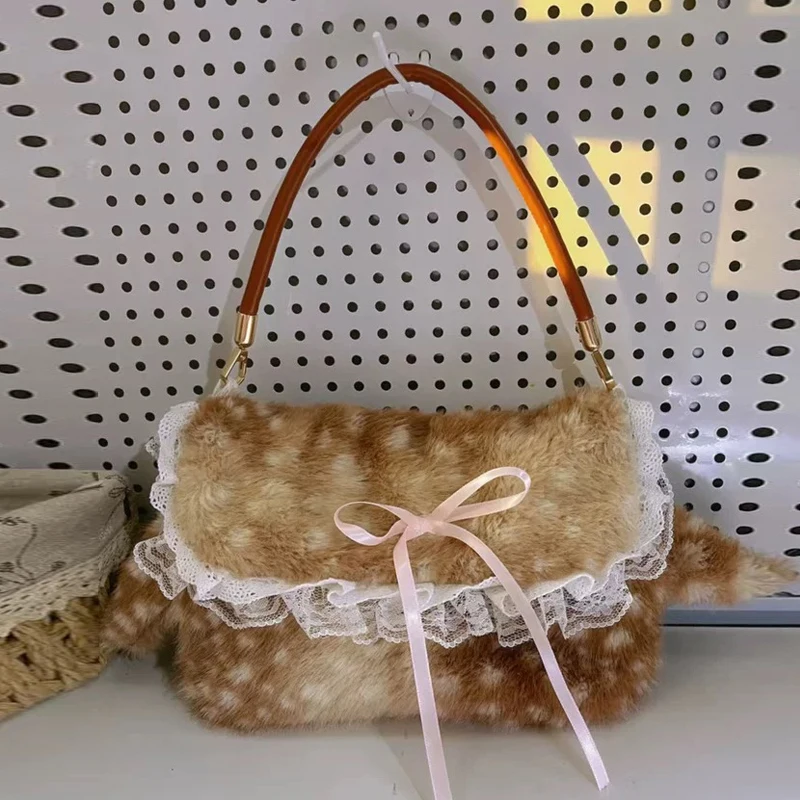 

Korean Fashion Faux Fur Underarm Bags For Women Luxury Designer Handbags Purses 2025 New In Leopard Print Bow Lace Trim Shoulder