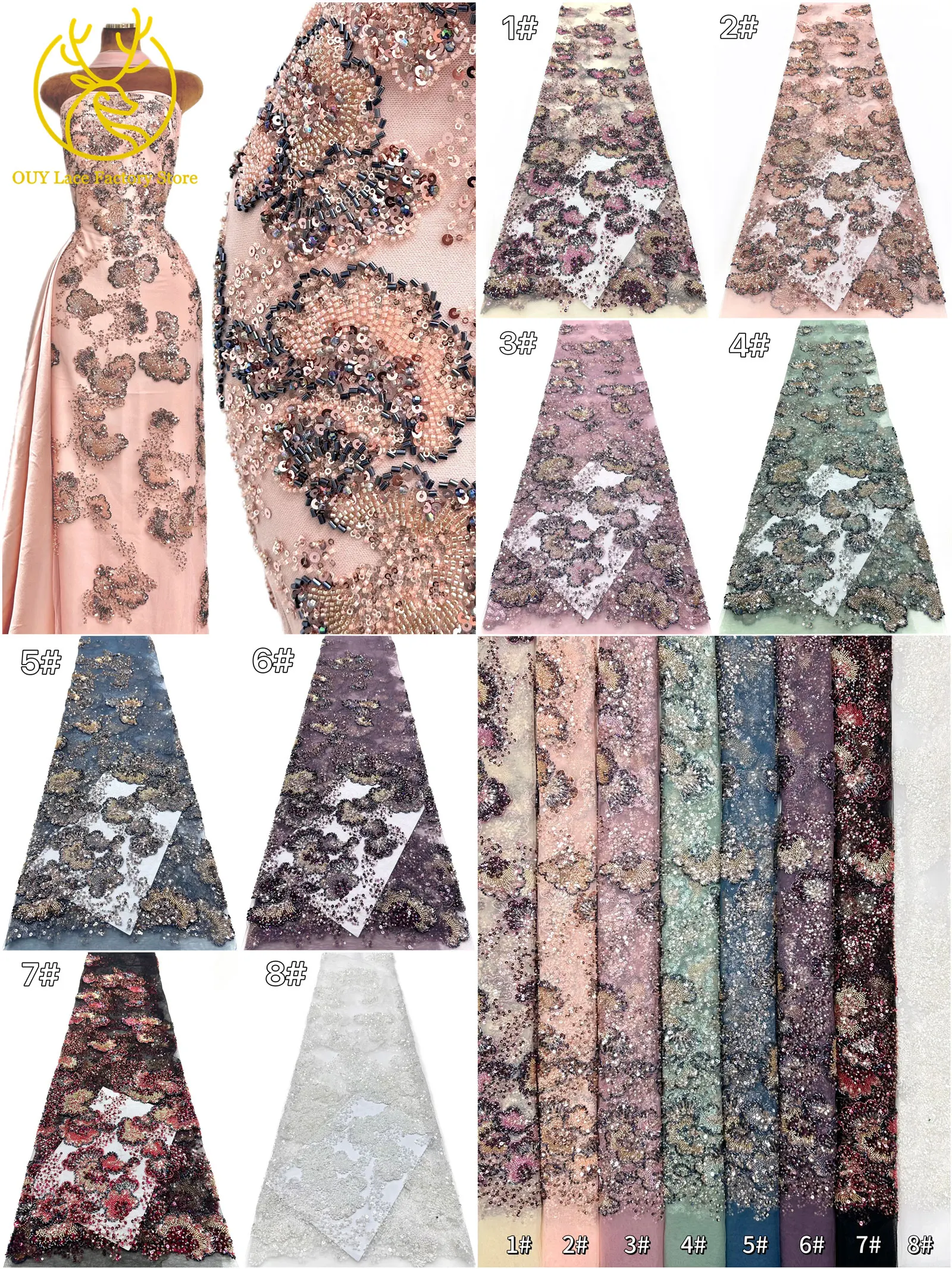 Barock-Stil, perlenbesetzter nigerianischer Tüll-Spitzenstoff 2026, hochwertige französische Pailletten-Spitze für Hochzeits- und Partykleider, zum Nähen, 5Y – Detail 30