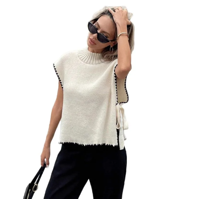 Women's Fast Selling Sleeveless Sweater Vest Simple Design Top Contrasting Colours Bow Tie Ties Comfortable White Dress