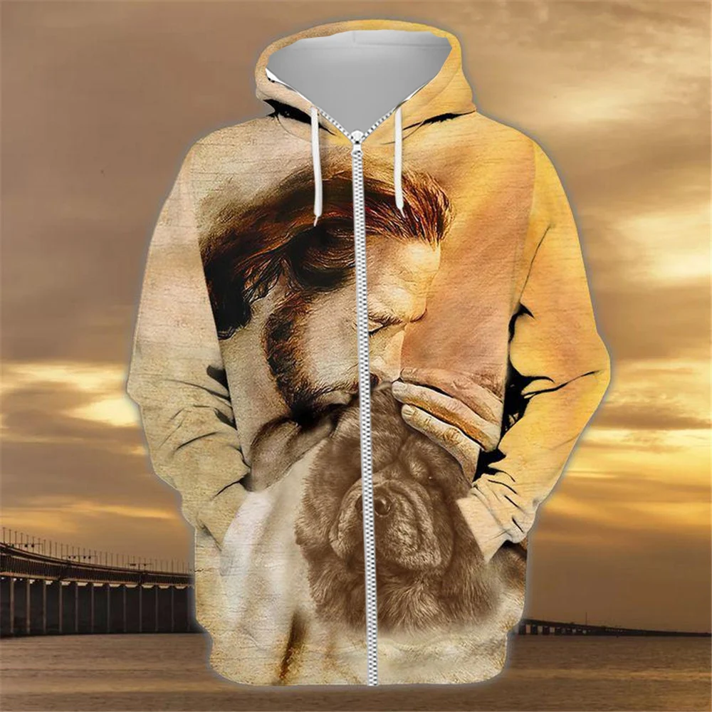 

HX Fashion Jesus Chow Chow Zip Hoodies 3D Graphic Animal Dog Printed Pullover Tops Fashion Pets Pullovers Casual Sportswear