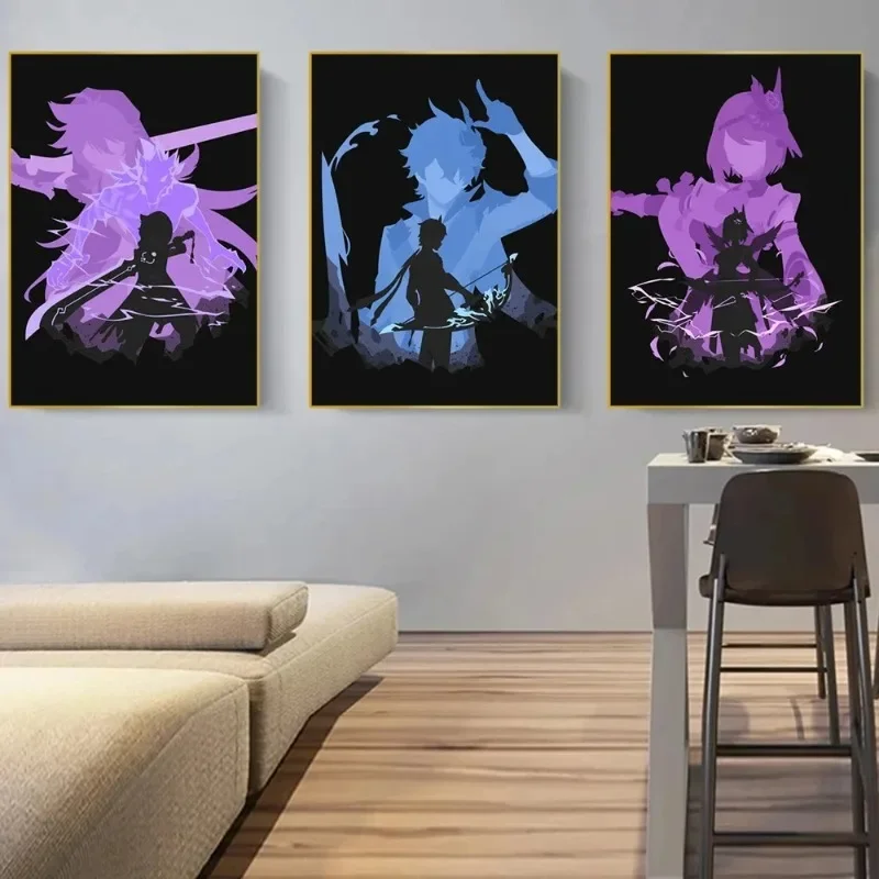 Genshin Impact Poster Electronic Games Anime Smoke Fei Yae Miko Abedo Walnut Canvas Painting Wall Art Children's Room Decoration