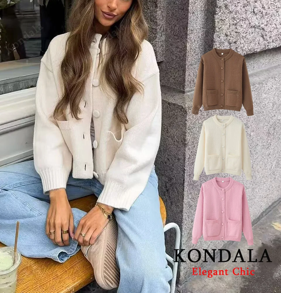 

KONDALA женский тонкий базовый свитер с круглым воротником и длинными рукавами, свитер на пуговицах, новинка 2025 года, весна/осень, модный повседневный свитер Mujer