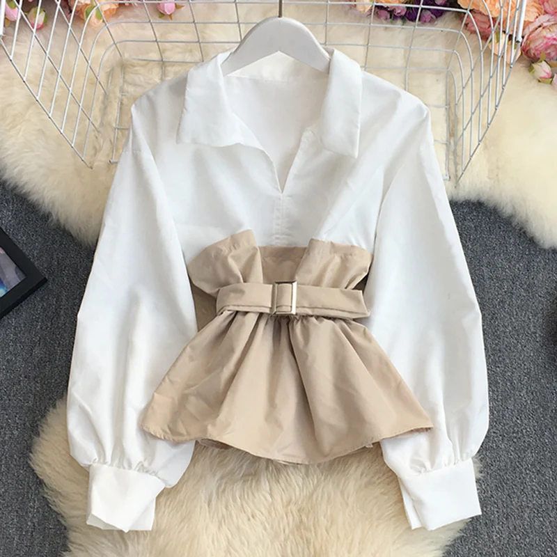 Long Sleeve Shirt Women Ladies tops Color Block Blouse Casual Belted Shirt Patchwork Cute Sweet Tops