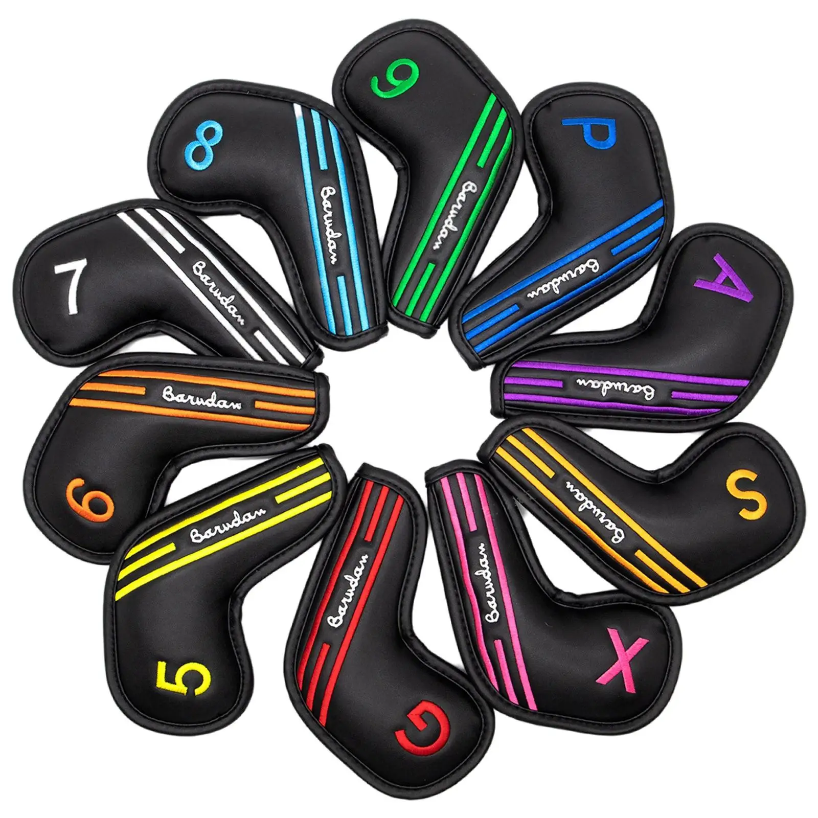 10Pcs Golf Iron Head Covers PU for Golf Clubs Colorful Number Embroidered