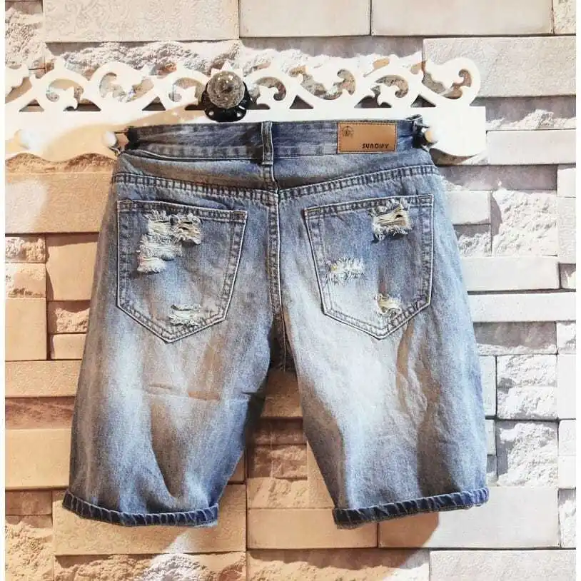 Men's Summer Jeans Fashion Luxury Streetwear Cowboy Patch Hole Designer Men's Five Short Jeans Knee-length Casual Denim Shorts