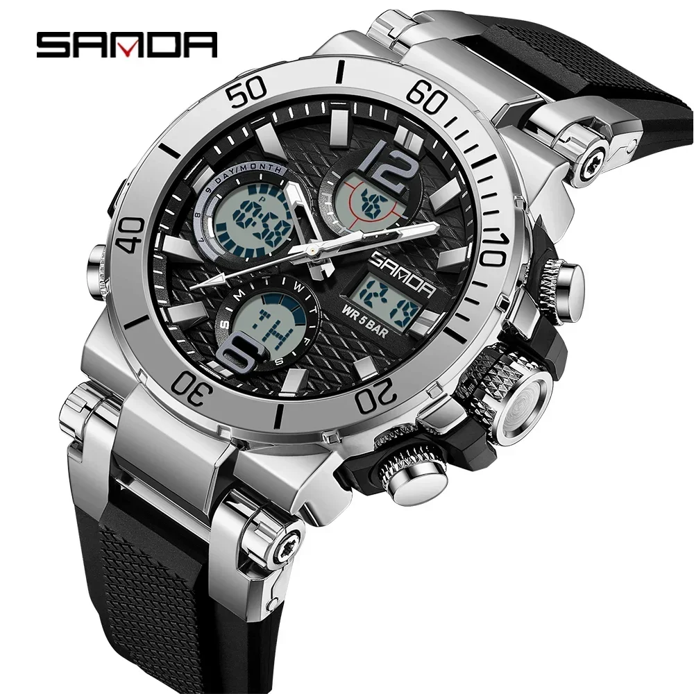 SANDA 6167 New Dual Screen Men's Digital Watch Nightlight Waterproof Multifunctional Popular Men's Alarm Clock Wristwatch