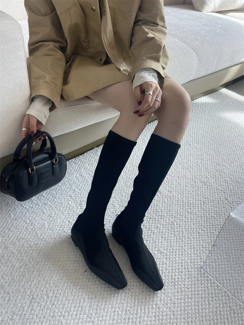 

Черные сапоги до колена, женские осенние удобные туфли на плоской подошве с острым носком, модные эластичные эластичные сапоги, женская длинная обувь